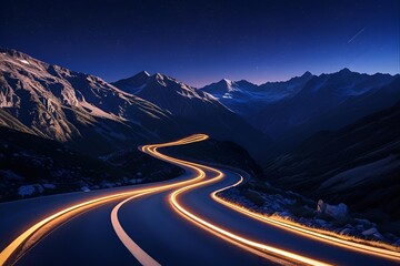 Winding mountain road light trails at night