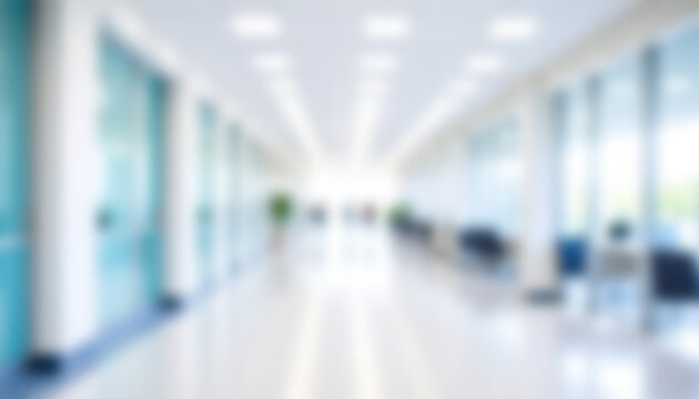 Blurry hospital corridor with bright lighting and potted plants. Suitable for medical or healthcare themes in designs or presentations.