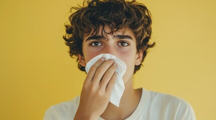 Teenager covering painful cold sore with tissue