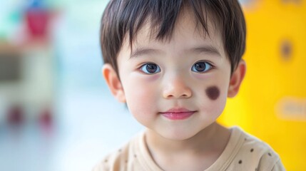 Toddler with natural dark birthmark on cheek