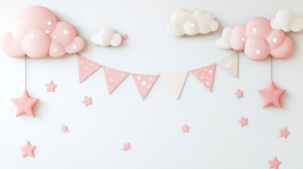 Wall decal mockup with stars, clouds, and name banner for a nursery on white background
