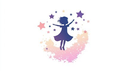 Whimsical logo design with childâ€™s silhouette and stars for kids brand on white background