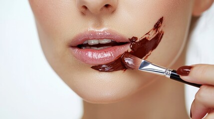 Woman applying concealer over facial port wine stain on white background