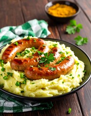 Grilled sausages served over mashed potatoes