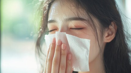 Woman blotting oily face with tissue paper