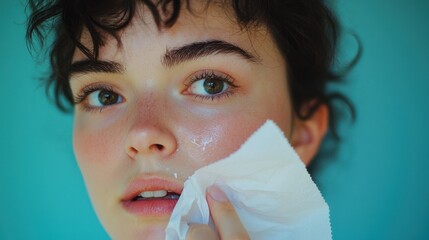 Woman blotting oily face with tissue paper