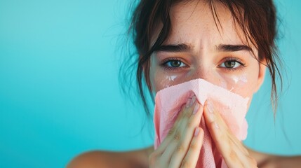 Woman blotting oily face with tissue paper