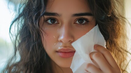 Woman blotting oily face with tissue paper