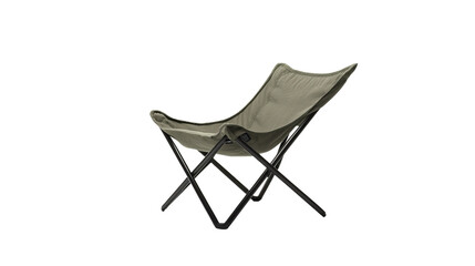 A modern folding chair with a fabric seat and black metal frame designed for portability and comfort.