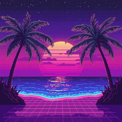 Ai generate pixel art retro background, synthwave style, palm trees with glowing neon outlines, purple and pink sky, pixelated ocean reflecting neon lights