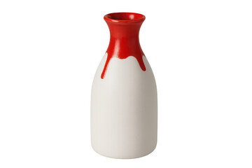 Studio shot of a white ceramic sake bottle featuring a unique red dripping glaze, isolated on a transparent background