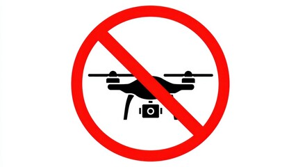 A clear sign prohibits the use of drones in the area, featuring a red circle with a diagonal line over a drone graphic. This emphasizes rules to maintain safety and security.