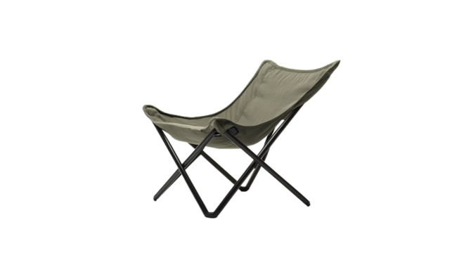 A modern folding chair with a fabric seat and black metal frame designed for portability and comfort.