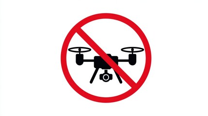 A clear sign prohibits the use of drones in the area, featuring a red circle with a diagonal line over a drone graphic. This emphasizes rules to maintain safety and security.
