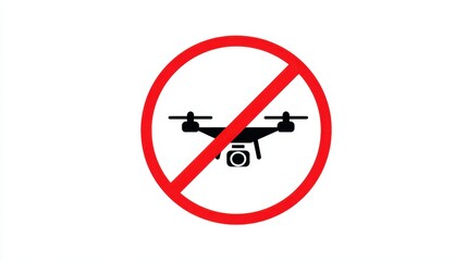 A clear sign prohibits the use of drones in the area, featuring a red circle with a diagonal line over a drone graphic. This emphasizes rules to maintain safety and security.