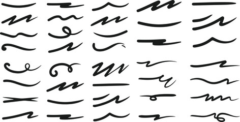 Collection of squiggle brushes, scribbles, underlines, markers, pen strokes, and emphasis elements. Includes highlight accents, swooshes, and hand-drawn strokes. Perfect for graphic design, illustrati