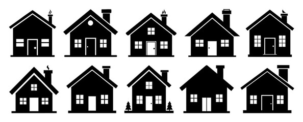 Fototapeta premium House with Chimney Black Silhouette, Flat Vector Style Collection on White Background
