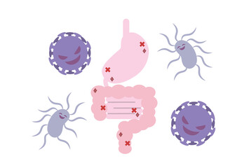 ウイルスと傷ついた胃腸のイラスト