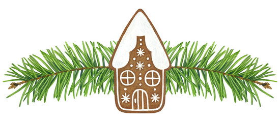 Fir twigs and gingerbread house. Christmas hand drawn illustration for greeting cards festive invitation.