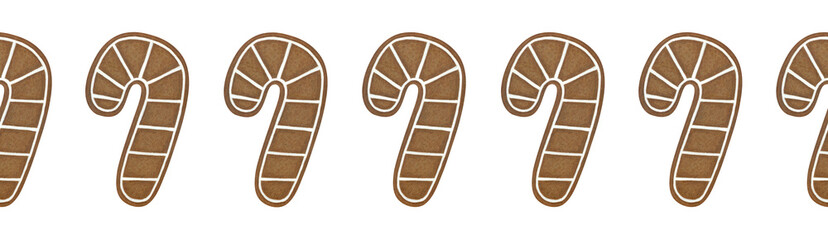 Gingerbread candy cane seamless border. Christmas decorations cozy colored pencils illustration for greeting cards party ornaments printable designs packaging gifts.