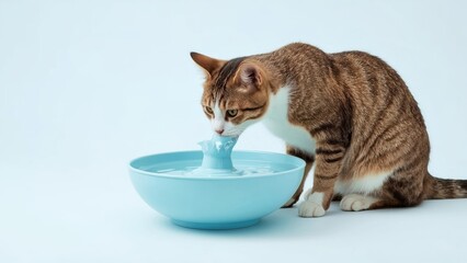 Cat Water Fountain. Brown tabby cat drinking water from blue bowl isol