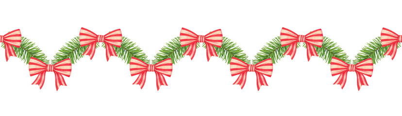 Christmas tree seamless garland with striped bows. Hand drawn border for greeting card, gift package design scrapbooking decorating, stationary, textile.