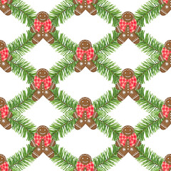 Seamless pattern of fir twigs garland with gingerbread men. Hand drawn holiday background for wrapping papers, polygraphy, stationery, party decorators, gift boxes, packaging.