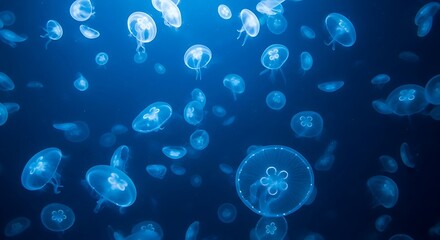 A mesmerizing underwater scene showcasing numerous translucent jellyfish gracefully drifting in a deep blue ocean.