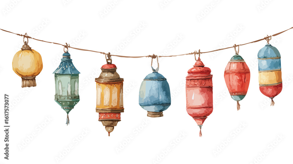 Poster assorted lanterns string vector: diverse collection of decorative lamps with various colors and desi