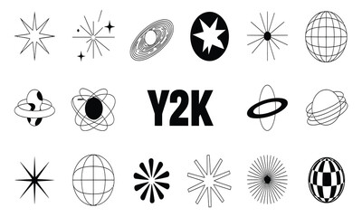 Y2K futuristic retro graphic elements set. Collection of abstract vector shapes, stars, and planets for trendy design.