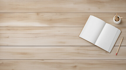 Minimalist wooden desk with an open notebook and writing tools, showcasing simplicity and productivity.