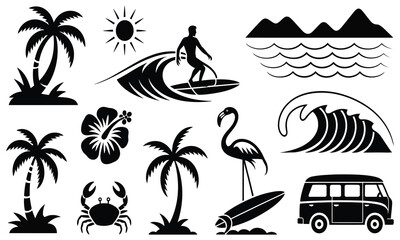 A collection of black silhouette icons representing a tropical surf vacation and summer beach lifestyle.