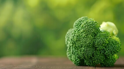 Fresh broccoli florets on a wooden surface with a blurred green background