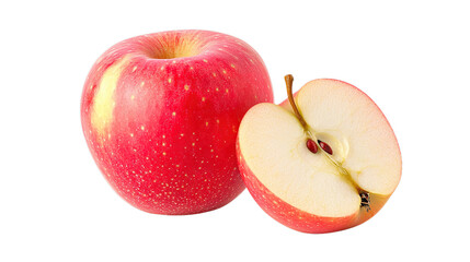 A whole red apple with light speckles is shown alongside a halved apple displaying its core and seeds.