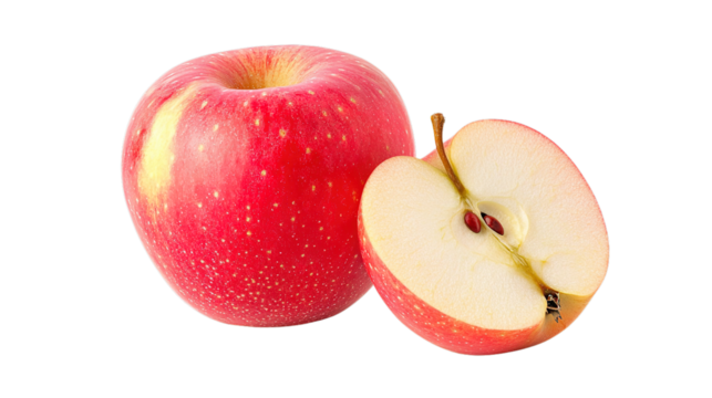 A whole red apple with light speckles is shown alongside a halved apple displaying its core and seeds.