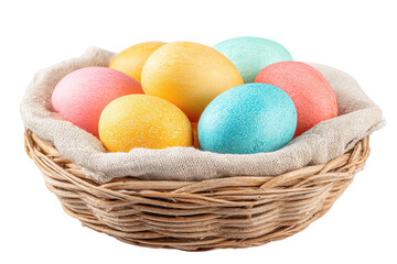 Naklejka premium Colorful eggs nestled in a shallow woven basket