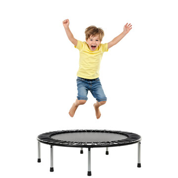 Happy young boy jumping on a mini trampoline isolated on transparent background