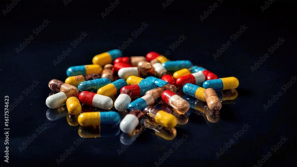 Poster performance enhancing substance. assorted colorful capsules and pills
