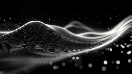 Abstract Minimalist Flowing Wave Pattern of Wavy Dot Particles in High-Contrast Black and White with Soft Shadows for Technology and Science