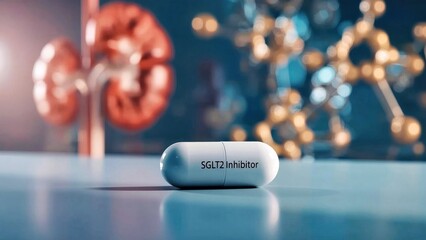 SGLT2 Inhibitor. Anticoagulant Liver detox tablet Voxelotor Navitoclax Ozempic iqvia Aliver Exscientia Owkin White pill with "SGLT2 inhibitor" lettering, m