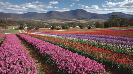 Obraz premium Colorful flower fields stretch across a landscape.