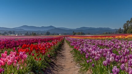 Obraz premium Colorful tulip field stretching towards a distant mountain range.