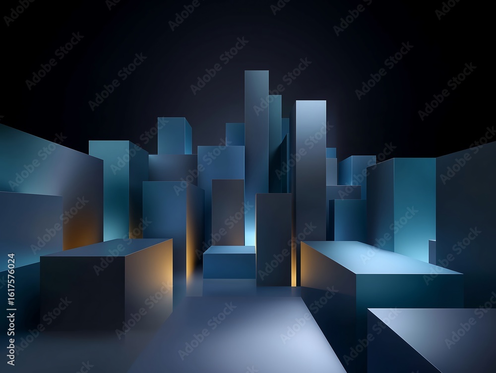 Poster 3. geometric 3d blocks forming a surreal futuristic landscape, digital terrain with structured depth