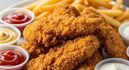 A fresh and inviting lunch setup showcasing a perfectly cooked batch of fried chicken tenders and fries.