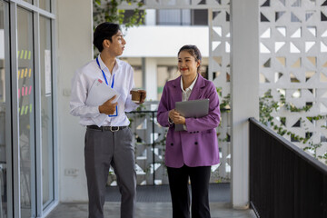 business people are talking while walking in the company, all the planning department staff are walking to a meeting together, business owners are talking while walking to the office