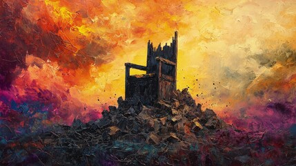 Naklejka premium A dilapidated throne atop a rubble pile, against a dramatic sky.