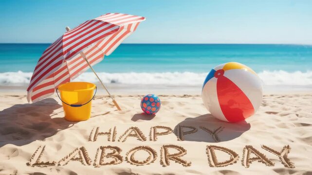 Happy labor day beach vacation celebration with umbrella and beach ball holiday sand - Powered by Adobe