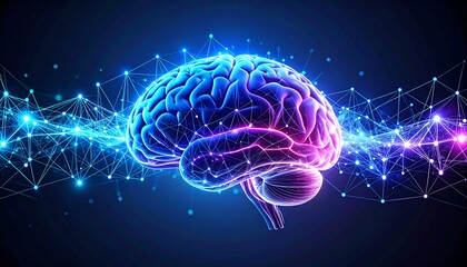 Glowing blue human brain with connection network suitable for science, technology, research, medical concepts on microstock platforms.