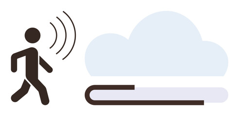 Person emitting sound waves near cloud and book, symbolizing communication, knowledge sharing, learning, networking, technology, online education, or connection. Ideal for simple flat metaphor