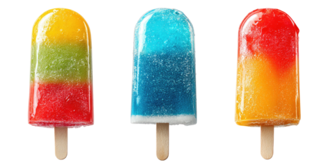 Three colorful popsicles, vibrant hues of red, yellow, and blue, layered in distinct segments